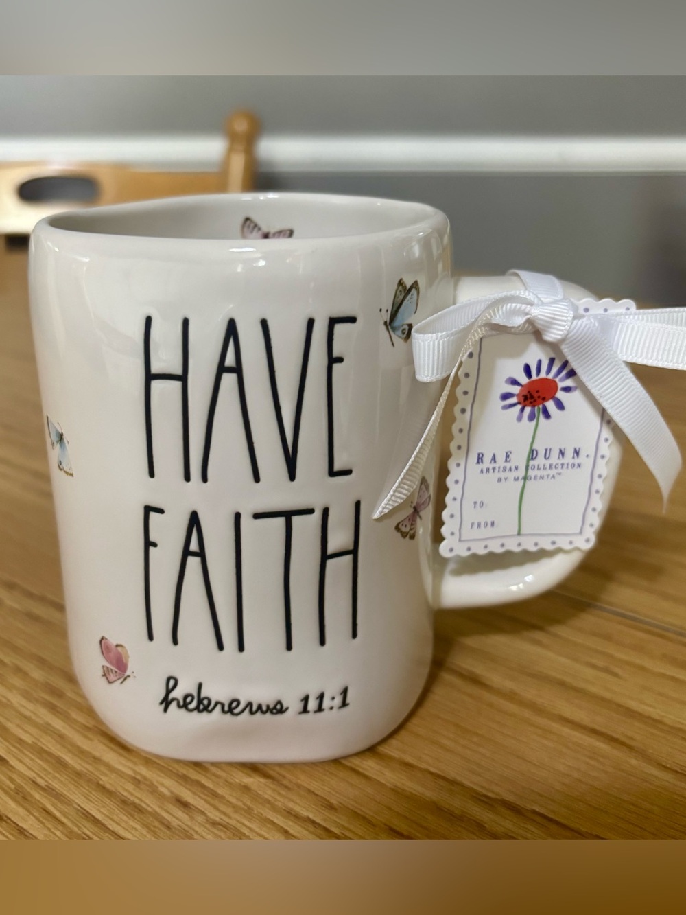 NEW Rae Dunn White Ceramic "Have Faith" Mug with Butterflies